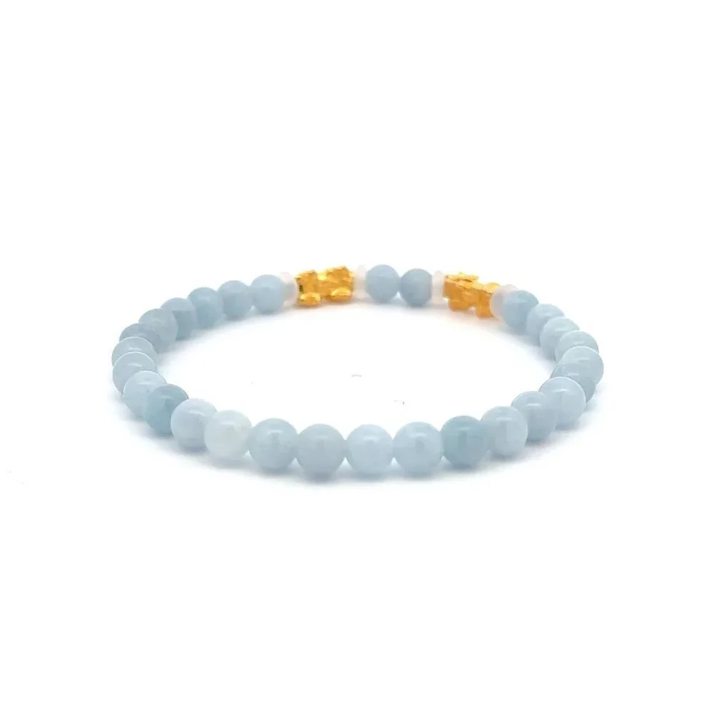 18K Gold Dragon Pixiu Double Piyao Bracelet Gemstones March Birthstones Aquamari - Picture 4 of 5